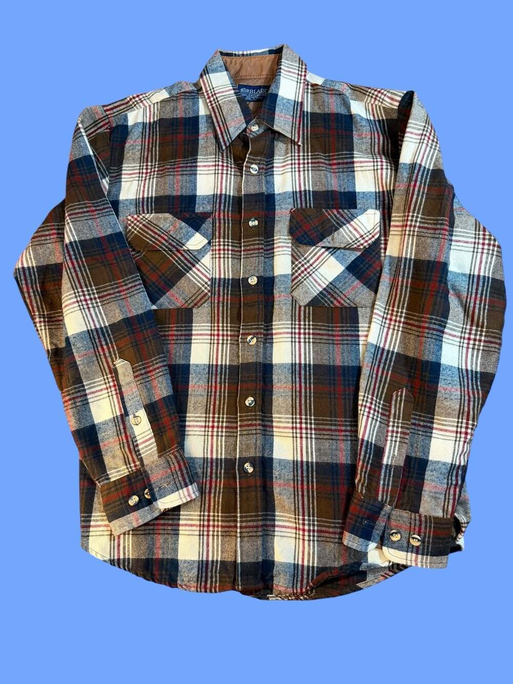 Vintage Blair Men's Brown Plaid 100% Acrylic Flannel Shirt Size L